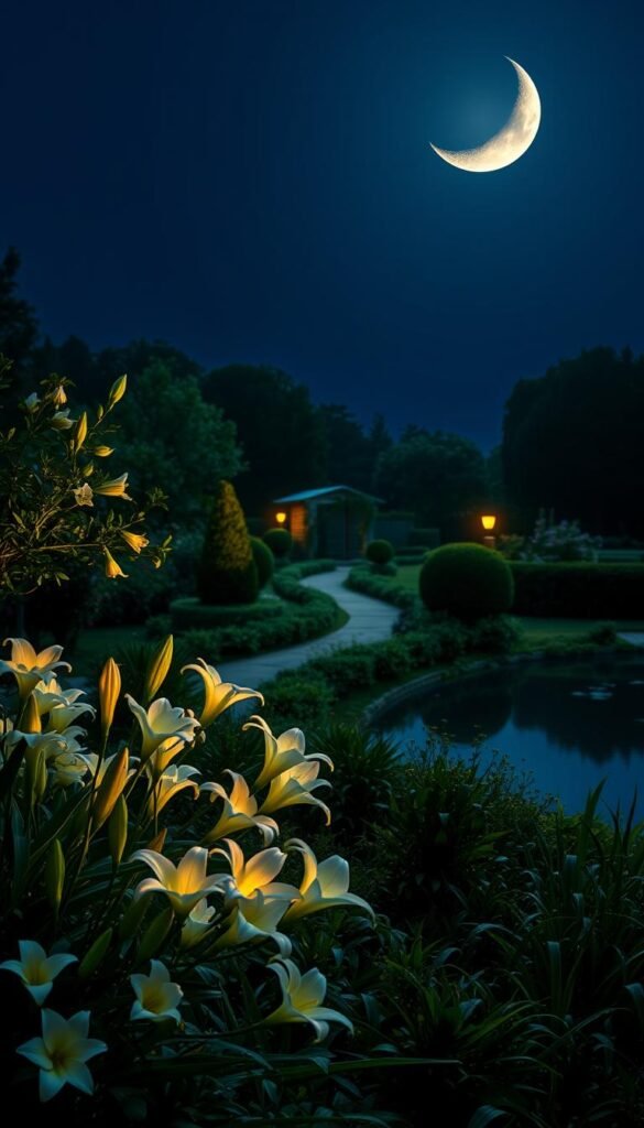 A serene moonlit garden with lush vegetation and a tranquil pond. In the foreground, a variety of luminous white flowers - lilies, jasmine, and moonflowers - are in full bloom, bathed in a soft, ethereal glow. The middle ground features a winding path leading towards a small gazebo or arbor, surrounded by carefully pruned shrubs and trees casting gentle shadows. In the background, a large, crescent moon hangs low in the inky blue sky, illuminating the scene with a warm, silvery light. The overall atmosphere is one of peaceful contemplation, inviting the viewer to imagine the sights and scents of this enchanting moon garden.