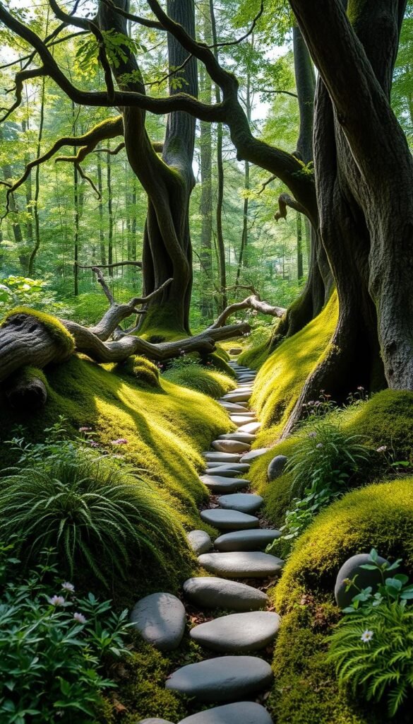 A serene, moss-covered fairy garden nestled in a sun-dappled forest glade. In the foreground, delicate ferns and wildflowers sway gently, their petals kissed by a soft, diffused light. Winding through the lush undergrowth, a meandering path of smooth river stones leads the eye deeper into the scene. Towering trees with twisted, gnarled branches frame the edges, their verdant foliage creating a natural canopy overhead. Weathered driftwood and ancient, lichen-encrusted logs blend seamlessly with the organic landscape, inviting exploration and wonder. The overall atmosphere is one of enchantment, where the boundaries between the real and the fantastical blur, creating a haven for the imagination to roam freely.