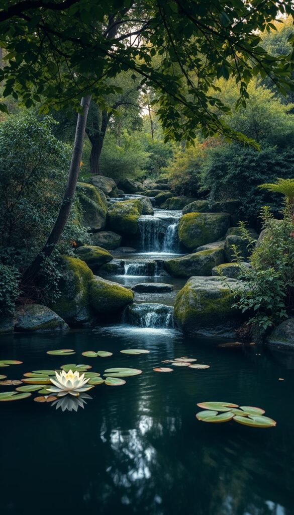 A serene natural water feature nestled in a lush garden oasis. In the foreground, a tranquil pond reflects the surrounding foliage, with water lilies floating peacefully on the surface. In the middle ground, a gently cascading waterfall spills over moss-covered rocks, creating a soothing ambiance. The background is filled with verdant trees and shrubs, their branches swaying gently in the breeze. Soft, diffused lighting casts a warm, golden glow, adding to the calming atmosphere. The overall scene evokes a sense of harmony and relaxation, inviting the viewer to immerse themselves in the beauty of this natural haven.