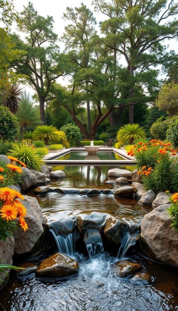 A serene outdoor oasis featuring a tranquil water feature, surrounded by a lush, verdant landscape. In the foreground, a gently flowing stream cascades over smooth rocks, creating a soothing ambiance. Framing the scene, a variety of vibrant flowers and foliage in warm hues add pops of color. In the middle ground, a serene reflecting pool mirrors the sky above, creating a sense of depth and tranquility. Towering trees in the background provide a natural canopy, filtering the soft, diffused sunlight that casts a warm, inviting glow over the entire scene. The overall composition evokes a feeling of peaceful escapism, inviting the viewer to immerse themselves in this idyllic outdoor haven.