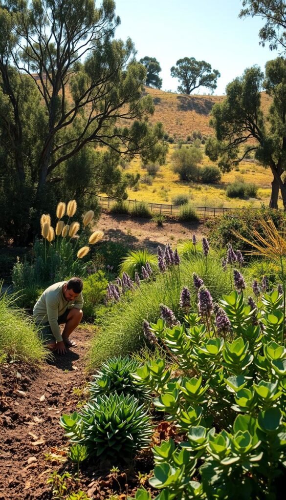 A serene outdoor scene of a lush, sun-dappled native garden. In the foreground, a gardener kneels, carefully examining the soil and foliage of various indigenous plant species. The middle ground features a diverse array of thriving native flora, their vibrant colors and textures creating a harmonious tapestry. In the background, a gently sloping hill is dotted with mature eucalyptus trees, their dappled shadows playing across the ground. Warm, golden light filters through the canopy, casting a soft, natural glow over the entire scene. The overall mood is one of tranquility and connection with the local environment.