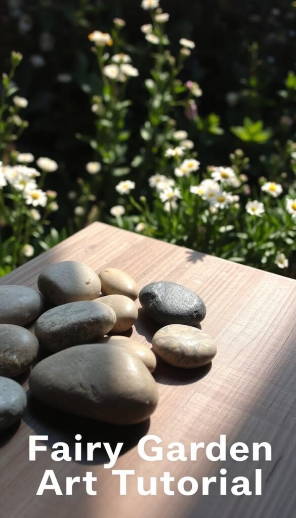 A serene outdoor scene with a step-by-step tutorial on rock painting. In the foreground, an arrangement of smooth river rocks, their surfaces prepared and ready for artistic embellishment. Behind them, a wooden surface, its natural grain visible, serves as a workspace. Soft, diffused lighting from the side casts gentle shadows, creating depth and texture. In the background, a lush, verdant garden setting, with delicate flowers and foliage framing the scene, conveying a sense of tranquility and inspiration. The overall mood is one of relaxation and creativity, perfect for a fairy garden art tutorial.