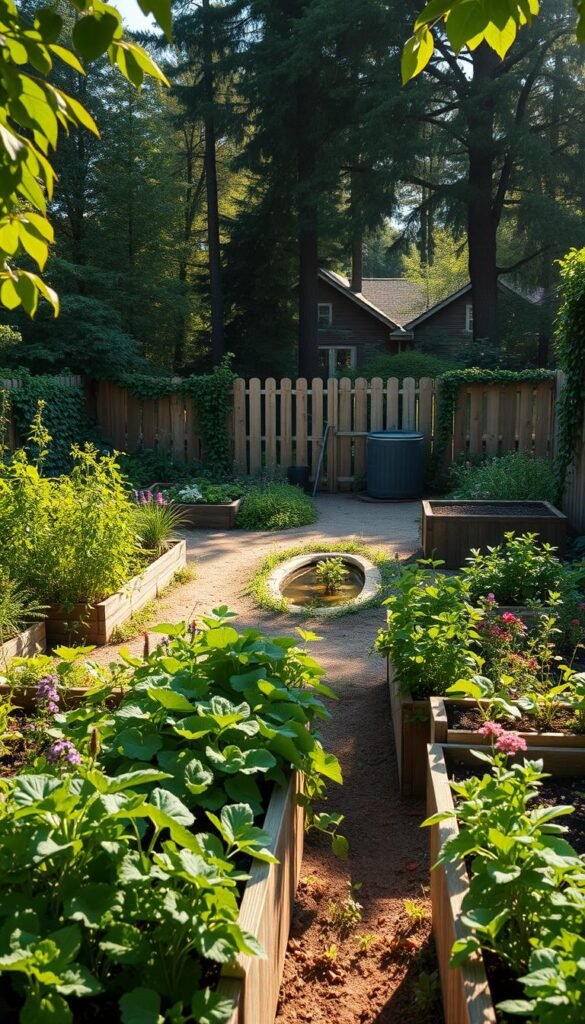 A serene permaculture garden, sunlight filtering through lush foliage. In the foreground, raised garden beds brimming with diverse, thriving plants - vibrant vegetables, fragrant herbs, and companion flowers. The middle ground features a winding path, leading the eye towards a compost bin and a small pond, teeming with aquatic life. In the background, a wooden fence encloses the scene, adorned with climbing vines and nestled between tall, verdant trees. The overall composition conveys a sense of harmony, balance, and self-sustaining abundance. Cinematic lighting, warm tones, and a slightly hazy, dreamlike atmosphere enhance the tranquil, nature-centric mood.