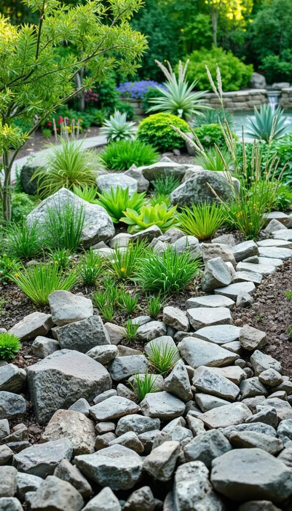 A serene rock garden nestled in a lush, verdant backyard. The foreground features an array of carefully placed stones in various shapes and sizes, creating a natural, textured landscape. The middle ground showcases a harmonious mix of low-growing, drought-tolerant plants, their vibrant colors and delicate foliage complementing the rugged stone elements. In the background, a tranquil water feature, such as a small pond or fountain, adds a soothing ambiance, reflecting the natural light and casting gentle shadows across the scene. The overall atmosphere is one of peaceful coexistence, where the interplay of stone and greenery creates a calming and visually appealing outdoor oasis.