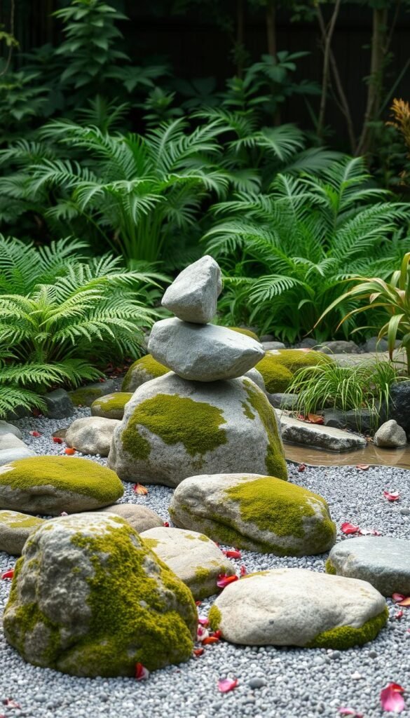 A serene rock garden nestled in a tranquil Japanese-style backyard. In the foreground, a balanced arrangement of moss-covered stones of varying shapes and sizes, subtly tilted and positioned to create a sense of harmony. The middle ground features a larger, irregular-shaped rock balanced atop a smaller stone, creating a sculptural focal point. The background is a lush, verdant landscape of ferns, grasses, and scattered petals, bathed in soft, diffused natural lighting that casts gentle shadows across the scene. The overall composition exudes a profound sense of simplicity, balance, and Eastern-inspired aesthetic.