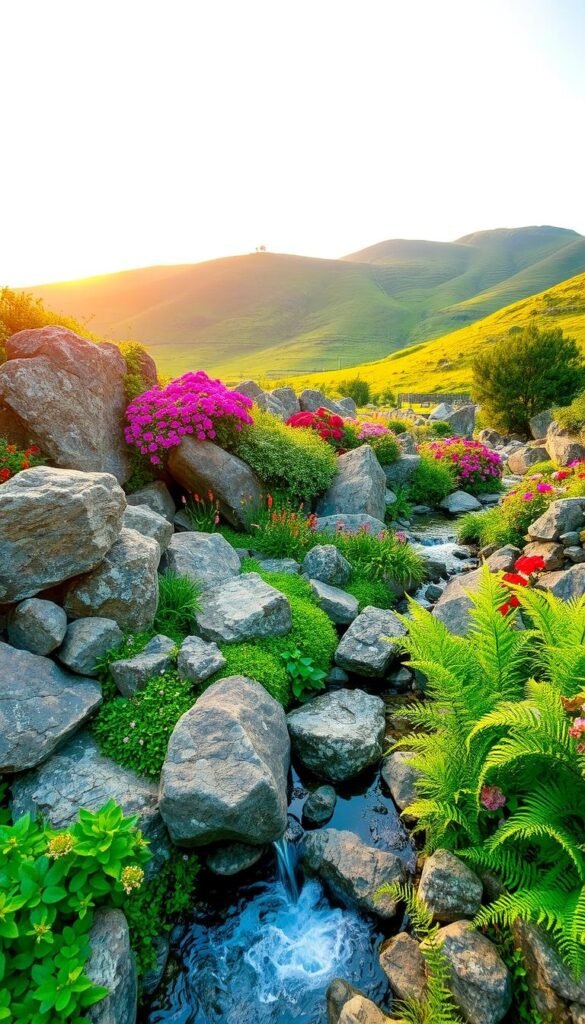 A serene rock garden with a tranquil water feature nestled amidst lush, cascading foliage. The foreground showcases an artfully arranged collection of weathered boulders and natural stone, complemented by a gently flowing stream that winds through the scene. In the middle ground, vibrant clusters of blooming plants, such as vibrant wildflowers and verdant ferns, soften the landscape. The background features a backdrop of verdant, sloping hills and a warm, golden-hued sky, creating a sense of depth and harmony. The lighting is soft and diffused, casting a dreamlike ambiance over the entire composition. A wide-angle lens captures the entire scene, highlighting the dynamic interplay of texture, color, and natural elements that define this captivating rock garden oasis.