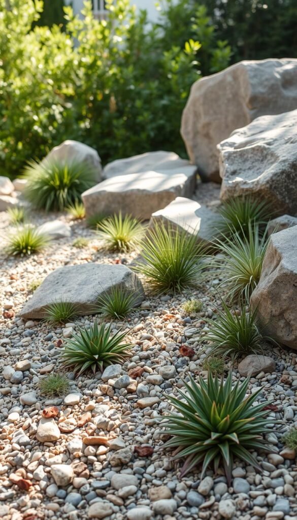 A serene rock garden with carefully arranged boulders, pebbles, and succulents in a natural, earthy palette. Soft, dappled sunlight filters through the scene, casting gentle shadows. In the foreground, a mix of low-growing, drought-tolerant plants like sedums, sempervivums, and ornamental grasses create a lush, textured carpet. Larger rocks and stones are strategically placed to add visual interest and structure, while the background features a backdrop of verdant foliage, hinting at the garden's peaceful seclusion. The overall atmosphere evokes a sense of tranquility, simplicity, and low-maintenance elegance.