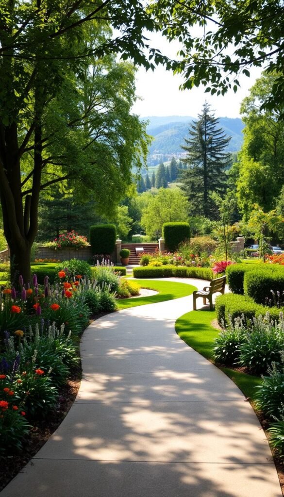 A serene, sun-dappled garden path meanders through a lush, verdant landscape. The foreground features a gently curving, well-paved walkway with smooth, level surfaces and subtle textural cues to guide visually impaired visitors. Flanking the path, a diverse array of vibrant flowers, towering trees, and neatly trimmed shrubs create a picturesque, calming ambiance. In the middle ground, strategically placed benches and resting areas offer comfortable seating options for guests of all abilities. The background showcases a harmonious blend of natural elements, from a babbling brook to rolling hills, evoking a sense of tranquility and connection with the outdoors. Diffused lighting casts a warm, inviting glow, highlighting the accessibility features and natural beauty of this inclusive, welcoming garden setting.