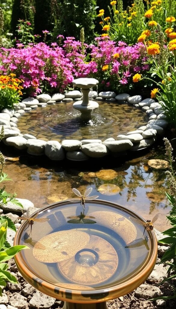 A serene, sun-dappled garden scene with a variety of pollinator-friendly water features. In the foreground, a shallow bird bath filled with clear, still water reflects the surrounding foliage. In the middle ground, a larger, pebble-lined pond with gently cascading water from a small stone fountain. Dragonflies and butterflies flit around the pond's edge, sipping from the water. In the background, lush, flowering plants in warm tones of pink, purple, and yellow create a naturalistic, bee-attracting border. Soft, diffused lighting highlights the textures and colors, creating a tranquil, inviting atmosphere for a diverse array of pollinators.