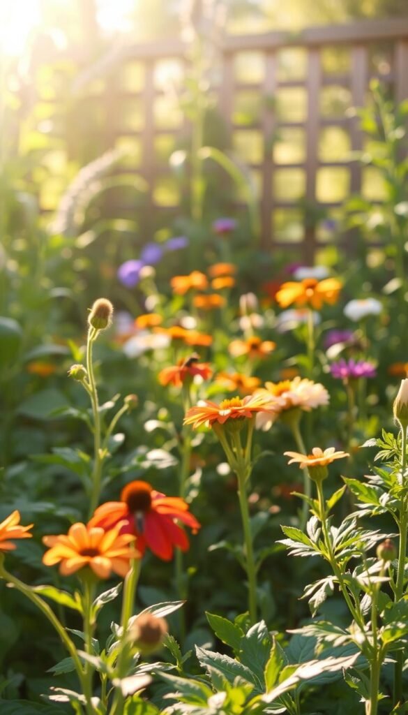 A serene, sun-dappled garden scene, with lush greenery and vibrant flora. In the foreground, a variety of pollinator-friendly plants, their petals catching the warm, golden light. The middle ground showcases a well-curated arrangement of native flowers, their colors and textures complementing each other. In the background, a softly blurred wooden fence or trellis provides a natural frame, hinting at the garden's boundaries. The lighting is soft and diffused, creating a sense of tranquility and inviting exploration. The overall composition evokes a welcoming, harmonious space that nurtures and sustains a diverse pollinator population.