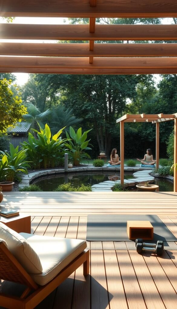 A serene, sunlit garden oasis with a spacious wooden deck. In the foreground, a comfortable chaise lounge and a cozy reading nook with plush pillows and a small side table. Mid-frame, an exercise mat and a selection of free weights, creating a functional fitness area. The background features lush, verdant foliage and a tranquil pond with a stone pathway leading to a secluded meditation corner. Soft, diffused lighting from overhead pergolas casts a warm, inviting glow across the scene. A calming, harmonious atmosphere that seamlessly blends nature, fitness, and leisure.