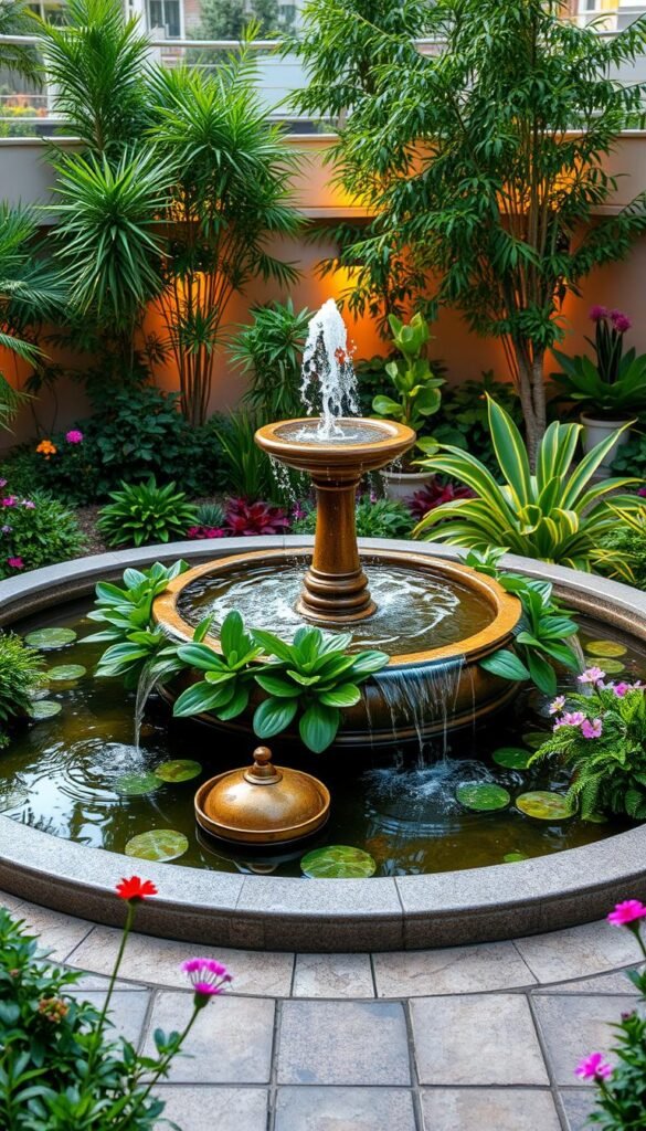 A serene water feature surrounded by lush, vibrant greenery in a meticulously designed terrace garden. A central fountain with cascading streams of water, illuminated by warm, natural lighting that casts a tranquil glow. Ornamental plants and flowers strategically positioned to create a harmonious, visually appealing layout. An integrated irrigation system, with subtle, hidden drip lines ensuring efficient and sustainable water distribution. The scene exudes a sense of calming balance, inviting the viewer to immerse themselves in the restorative atmosphere of this thoughtfully curated outdoor oasis.