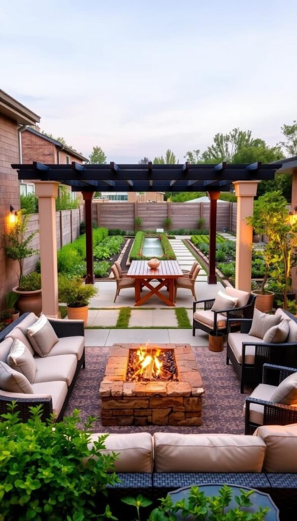 A serene, well-designed outdoor living space with a harmonious layout. In the foreground, a cozy seating area with plush furniture arranged around a central firepit, inviting people to gather and relax. In the middle ground, a pergola-covered dining space with a wooden table and chairs, complemented by lush potted plants. The background features a neatly organized vegetable garden and a pathway leading to a tranquil water feature. The scene is illuminated by warm, ambient lighting, creating a inviting and functional atmosphere. The overall layout showcases an intentional, practical design that seamlessly integrates natural elements for a modern, comfortable outdoor retreat.