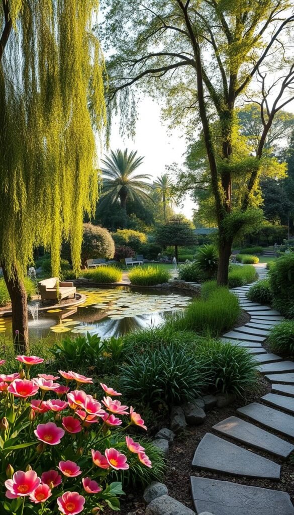 A serene wellness garden, bathed in soft, natural light. A lush, verdant landscape with towering trees and vibrant flowers in the foreground. In the middle ground, a tranquil pond reflects the calming sky above, its surface dotted with floating lily pads. Winding stone pathways invite exploration, leading to a cozy seating area surrounded by fragrant herbs and soothing water features. The atmosphere is one of peace and mindfulness, inviting visitors to slow down, connect with nature, and nourish their well-being. Captured with a wide-angle lens to showcase the garden's harmonious elements.