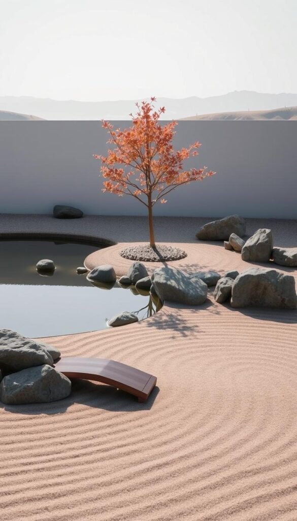A serene zen garden design with a tranquil pond, carefully arranged rocks, and a raked sand pattern. The foreground features a small wooden bridge over the still water, inviting the viewer to pause and reflect. In the middle ground, a delicate Japanese maple tree casts gentle shadows on the sand, while the background showcases a minimalist landscape with rolling hills and a soft, hazy sky. The lighting is natural and diffused, creating a calming, meditative atmosphere. The composition emphasizes balance, simplicity, and the harmonious integration of natural elements, embodying the principles of zen garden design.