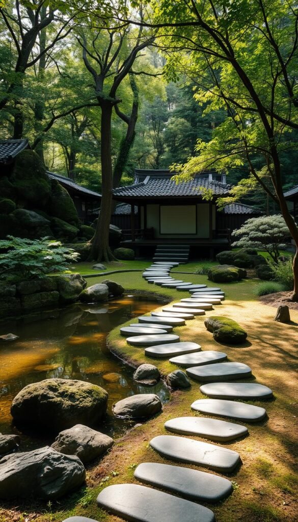 A serene zen garden in a secluded natural setting, with a tranquil pond surrounded by carefully placed rocks, lush greenery, and a winding stone path leading to a traditional Japanese wooden pavilion. Soft natural light filters through the canopy of trees, casting a warm, meditative glow over the scene. The overall composition evokes a sense of harmony, balance, and contemplation, inviting the viewer to pause and immerse themselves in the peaceful ambiance.