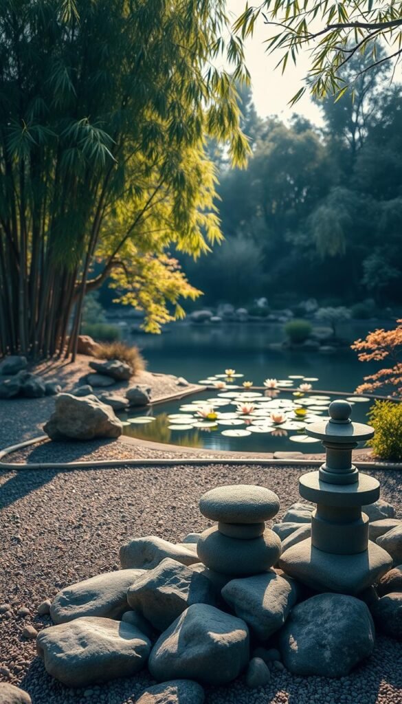 A serene zen garden scene bathed in soft, warm lighting. In the foreground, a carefully arranged grouping of smooth river rocks and minimalist stone lanterns. The middle ground showcases a tranquil pond with floating lotus blossoms, surrounded by carefully pruned Japanese maple trees. In the background, a distant bamboo grove sways gently in a light breeze. The overall atmosphere conveys a sense of harmony, balance and deep contemplation. A wide-angle lens captures the scene's elegant simplicity and natural beauty.