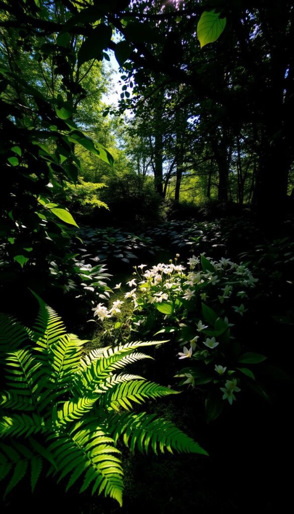 A shaded garden corner, the sunlight filtering gently through lush foliage. In the foreground, vibrant green ferns and hostas thrive in the soft illumination, their broad leaves casting intricate patterns on the mossy ground. The middle ground reveals a cluster of delicate woodland flowers - anemones, trilliums, and wild geraniums - their petals glowing with a subtle luminance. Beyond, the background is a tapestry of shadowy trees, their branches creating a canopy that dapples the scene with pools of light and shadow. The overall atmosphere is one of serene tranquility, a haven for shade-loving plants to flourish in harmony with the natural light.