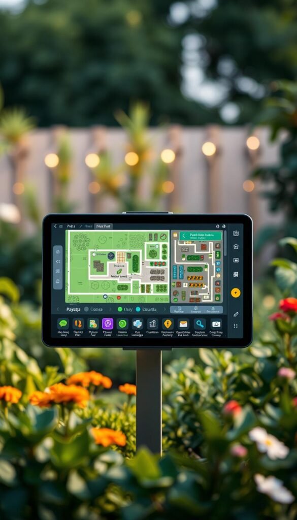 A sleek, intuitive garden planning interface showcases an array of essential tools. In the foreground, a vibrant, high-resolution display presents a detailed plot plan, allowing users to meticulously arrange plants, beds, and irrigation systems. The middle ground features clear, responsive icons and buttons for tracking growth, yields, and seasonal changes - all rendered with a crisp, modern aesthetic. The background subtly blends natural elements, such as lush foliage and warm, inviting lighting, creating a seamless fusion of technology and the great outdoors. The overall composition exudes a sense of effortless functionality, empowering gardeners to cultivate their dream outdoor oasis with precision and ease.
