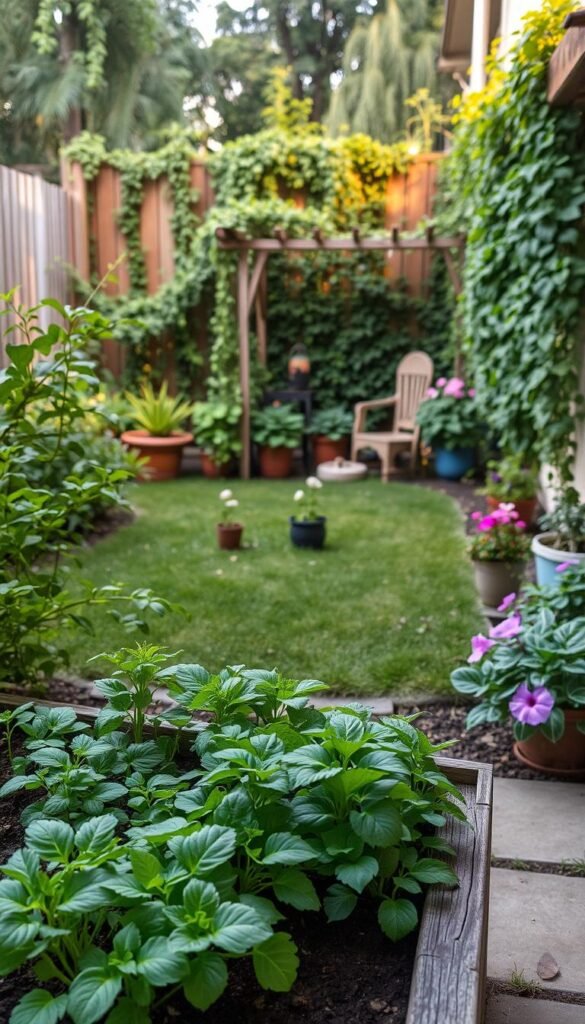 A small, meticulously designed backyard garden, brimming with lush greenery and vibrant blooms. In the foreground, a neatly arranged raised garden bed showcases a variety of flourishing herbs and vegetables, their leaves gently swaying in the soft breeze. Beyond, a quaint seating area with a decorative trellis provides a cozy nook for relaxation, enveloped by trailing vines and flowering climbers. The middle ground features a verdant lawn dotted with strategically placed potted plants, creating a sense of depth and visual interest. In the background, a fence or wall is adorned with a vertical garden, its cascading greenery adding a touch of lushness and intimacy to the scene. Warm, diffused lighting illuminates the space, casting a serene and inviting atmosphere.