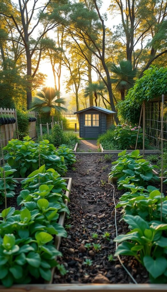 A small, neatly organized garden foundation, featuring a variety of thriving vegetable plants, herbs, and flowers. The foreground showcases a raised garden bed filled with lush greenery, while the middle ground presents a central pathway leading to a modest garden shed. The background depicts a picturesque view of a nearby wooded area, bathed in warm, golden afternoon sunlight filtering through the canopy. The overall scene conveys a sense of peaceful productivity, with the garden's well-planned layout and thoughtful design inviting the viewer to imagine the potential for a self-sustaining, low-effort food production system.