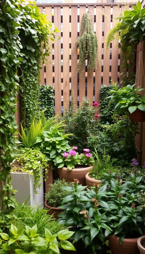 A small urban backyard filled with a lush vertical garden, offering a serene oasis in the heart of the city. The foreground showcases a variety of trailing vines, climbing plants, and cascading greenery, artfully arranged in raised planters and hanging baskets. The middle ground features a mix of leafy foliage, fragrant flowers, and compact shrubs, creating a layered, visually-appealing composition. In the background, a slatted wooden fence provides a natural, minimalist backdrop, allowing the vibrant greenery to take center stage. Warm, diffused sunlight filters through the foliage, casting gentle shadows and highlighting the textures of the plants. The overall scene exudes a sense of tranquility and a connection to nature, despite the compact urban setting.
