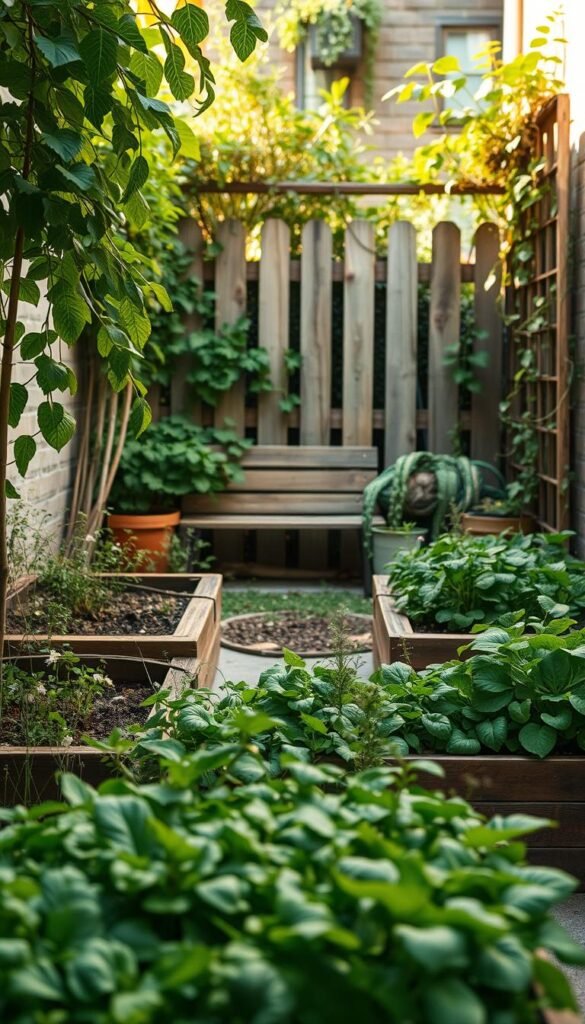 A small urban garden, nestled in a cozy backyard, with lush greenery and a sense of tranquility. In the foreground, raised garden beds brimming with thriving vegetables and herbs, their verdant leaves and delicate flowers swaying gently in the soft breeze. The middle ground reveals a quaint sitting area, with a rustic wooden bench and a few well-placed potted plants, creating an inviting space for contemplation. In the background, a charming fence or trellis, adorned with climbing vines, forms a natural boundary, framing the scene and lending a sense of enclosure. The lighting is soft and diffused, casting a warm, golden glow over the entire space, evoking a serene and welcoming atmosphere. The overall composition captures the essence of a small, but meticulously designed garden, ready to inspire and delight the budding urban gardener.