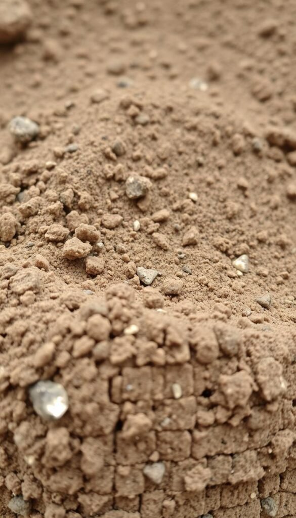 A soil texture analysis, showcasing a close-up view of a soil sample. The foreground displays the intricate patterns and textures of the soil, with a focus on the granular structure, particle sizes, and color variations. The middle ground reveals the composition, with a mixture of clay, silt, and sand visible. The background is a soft, neutral tone, allowing the soil details to stand out. Lighting is natural, with a slight directional illumination to accentuate the surface features. The image is captured with a high-resolution lens, providing a clear and detailed representation of the soil's characteristics, suitable for evaluating its type and potential for a new natural garden.