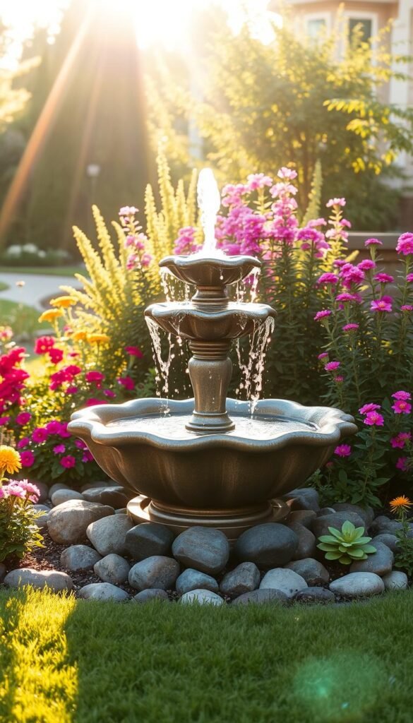 A solar-powered water feature standing as the captivating focal point of a lush, well-manicured front yard flower garden. The feature comprises a gently cascading tiered fountain powered by discreet solar panels, surrounded by a vibrant array of blooming flowers and greenery. Warm, golden sunlight filters through the scene, casting a serene, natural ambiance. The water's gentle ripples and the movement of the plants create a mesmerizing, dynamic display. Carefully placed rocks and pebbles line the feature's base, complementing the organic feel. The overall composition exudes a sense of tranquility and harmony, perfectly showcasing the water feature as the centerpiece of this enchanting outdoor space.
