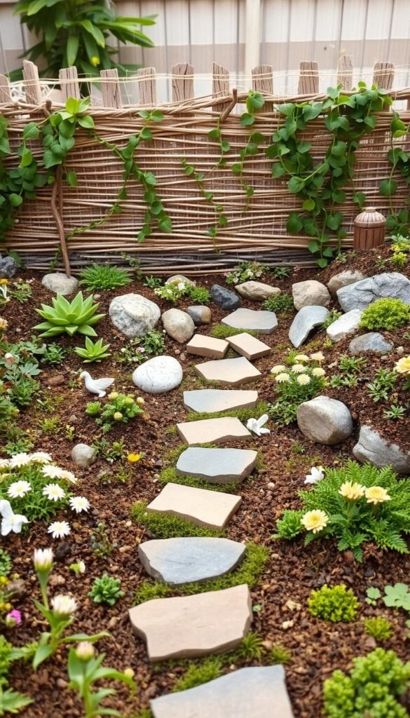 A sprawling fairy garden layout plan, showcasing a meticulously designed backyard sanctuary. In the foreground, a whimsical mix of miniature plants, delicate flowers, and earthy stepping stones create a captivating path. The middle ground features a gently sloping terrain, with strategically placed rocks and natural elements that blend seamlessly. In the background, a lush, verdant fence made of woven branches and trailing vines encloses the space, evoking a sense of enchantment. The scene is bathed in warm, soft lighting, casting a dreamlike glow over the entire composition. Captured from a slightly elevated angle, the layout conveys a sense of order and intentionality, inviting the viewer to explore this magical oasis.