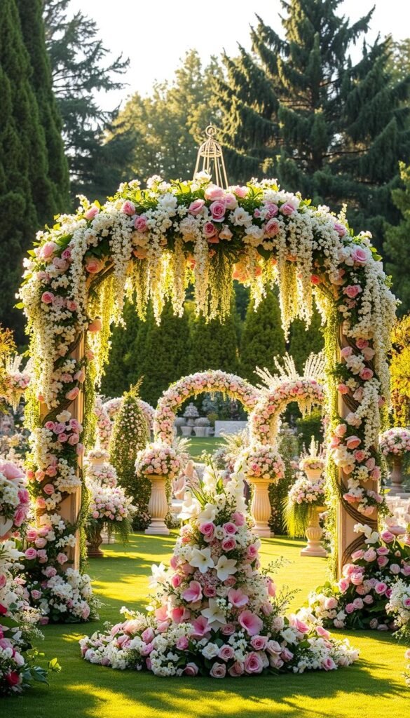 A sprawling, lush garden filled with an abundance of vibrant floral installations. In the foreground, a large, ornate arbor dripping with cascading vines and blooming flowers, softly illuminated by warm, golden sunlight. In the middle ground, a series of elegant, sculptural arrangements featuring an array of delicate blossoms in pastel hues, artfully curated to create a sense of whimsical enchantment. The background features a backdrop of towering, verdant trees and shrubs, casting gentle, dappled shadows across the scene. The overall mood is one of enchanting, natural beauty, effortlessly evoking the fairy-tale ambiance of a backyard garden wedding.