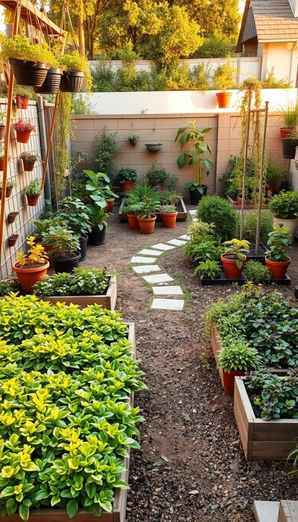 A sprawling, meticulously designed backyard garden, showcasing a variety of space-efficient layouts. In the foreground, a neatly arranged raised bed system with lush, flourishing plants cascading over the edges. The middle ground features a small, winding path lined with carefully placed potted plants, creating the illusion of a larger space. In the background, a harmonious mixture of vertical gardening structures, such as trellis systems and hanging baskets, maximizing the available vertical space. The scene is bathed in warm, golden sunlight, casting soft shadows and highlighting the vibrant colors of the foliage. The overall composition conveys a sense of order, tranquility, and the efficient utilization of a limited outdoor area.