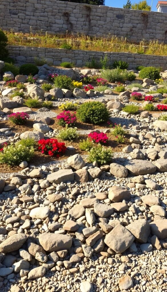 A sprawling rock garden featuring a terraced landscape with various natural materials. In the foreground, an array of carefully arranged stones, boulders, and pebbles form step-like terraces cascading down a gentle slope. Midground showcases a diverse selection of lush, vibrant flowering plants and shrubs nestled within the terraced beds. The background features a weathered stone retaining wall, creating a sense of depth and enclosure. Warm, directional lighting casts dramatic shadows, accentuating the textures and contours of the scene. The overall composition conveys a harmonious interplay between the structured, man-made elements and the organic, natural features, resulting in a visually captivating and inspirational display of terracing and rock garden design.