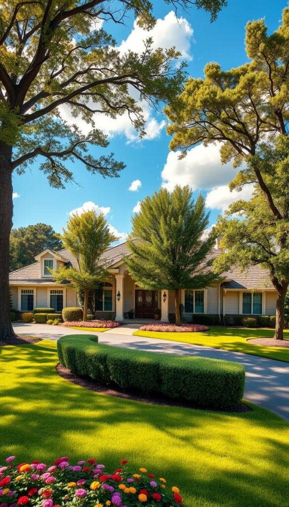 A sprawling suburban house with a well-manicured lawn and a lush, colorful garden in the foreground. Towering shade trees line the driveway, casting warm, dappled light across the scene. In the middle ground, a neatly trimmed hedge frames the inviting front porch, adorned with potted plants and a charming wooden bench. The exterior of the house gleams with fresh paint, its architectural details accentuated by strategic lighting. In the background, a clear blue sky dotted with fluffy white clouds completes the picturesque curb appeal. The overall impression is one of a welcoming, well-maintained, and visually appealing family home that would captivate any prospective buyer.