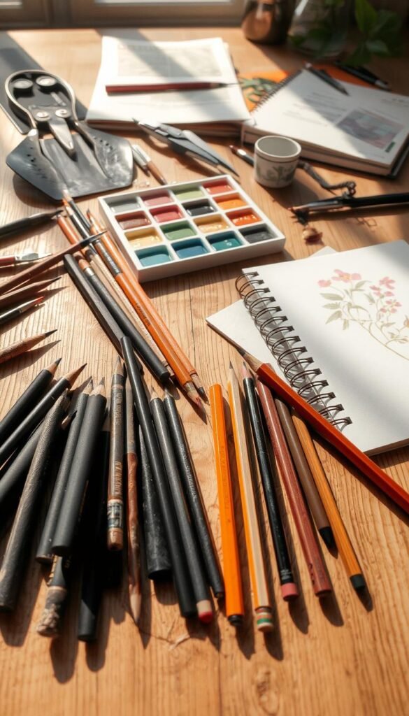 A still life arrangement of various garden sketching tools sprawled across a wooden tabletop, bathed in soft, natural lighting. In the foreground, a collection of pencils, charcoal sticks, and a sketchpad with a partially completed floral illustration. In the middle ground, a set of watercolor paints, brushes, and a small water cup. In the background, a pair of secateurs, a small gardening trowel, and a field guide or botanical journal. The composition conveys a sense of creativity, tranquility, and the joy of capturing the beauty of nature through the simple act of sketching.