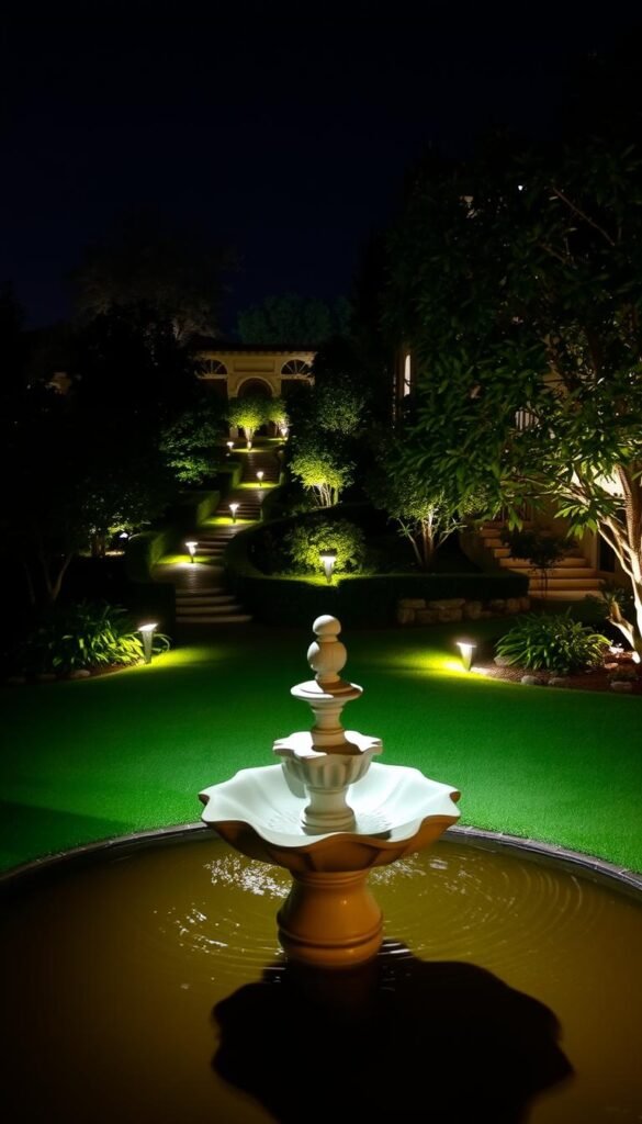 A strategic garden lighting plan, showcasing a tranquil nighttime landscape. In the foreground, a well-placed spotlight illuminates a sculptural fountain, its gentle ripples catching the light. The middle ground features a series of path lights guiding visitors through lush foliage, casting a warm glow. In the background, a mix of uplights and downlights accentuate the architectural features of the garden, creating depth and dimension. The overall mood is one of elegant sophistication, with a touch of whimsy, inviting nighttime exploration and relaxation. Captured with a wide-angle lens to provide a comprehensive view of the thoughtfully designed lighting scheme.