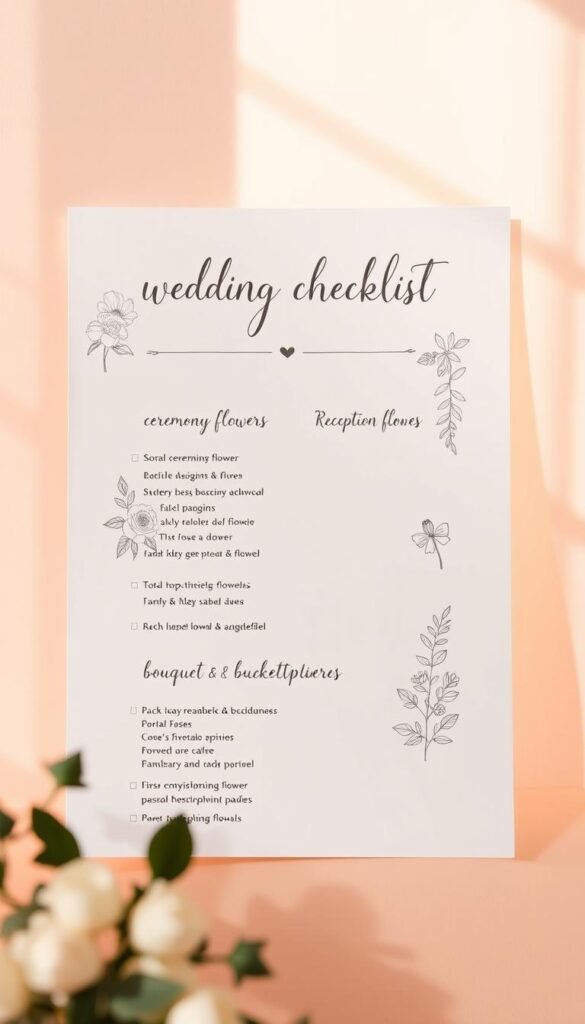 A stylized, hand-drawn wedding floral checklist against a soft, pastel background. The list is organized into clear sections - ceremony flowers, reception flowers, bouquet & boutonnieres, with elegant, cursive calligraphy. Delicate floral illustrations, such as roses, peonies, and eucalyptus, accent the list, evoking a romantic, handcrafted feel. Warm, natural lighting casts a gentle glow, and the composition is framed with a subtle vignette effect, drawing the eye to the central floral checklist. The overall mood is one of thoughtful planning and joyful anticipation for a beautiful, flower-filled wedding day.