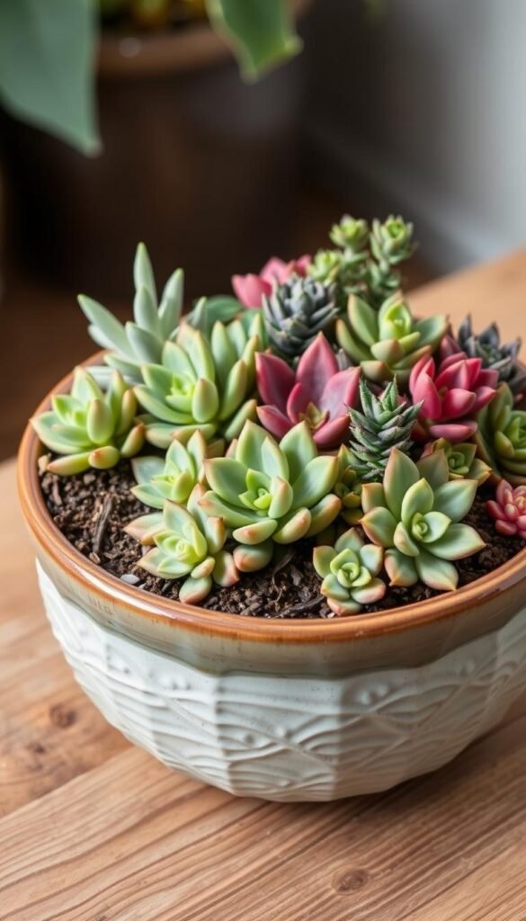 A succulent container filled with well-draining soil, positioned on a natural wooden surface. The container is a glazed ceramic planter in a soft, earthy tone, with intricate textures that catch the gentle overhead lighting. Inside, a lush arrangement of diverse succulent varieties in shades of green, purple, and red create a visually captivating display. The soil is a carefully curated blend of coarse sand, perlite, and organic matter, ensuring optimal drainage and nutrient-rich conditions for the succulents to thrive. The entire setup is captured from a slightly elevated angle, emphasizing the harmonious interplay between the container, soil, and the succulents, creating a serene, inviting atmosphere.