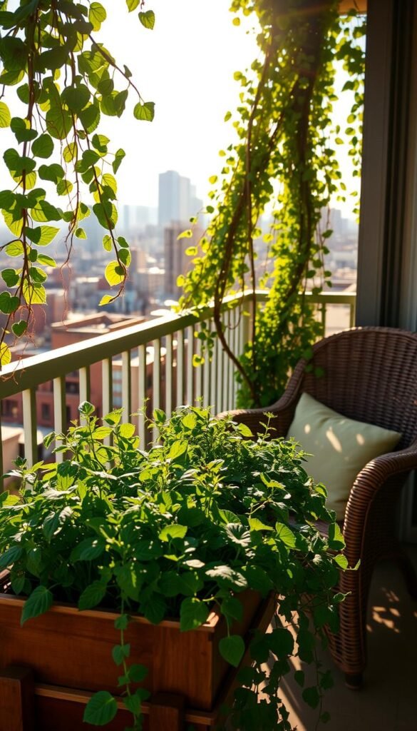 A sun-dappled balcony, its railing adorned with lush greenery and trailing vines. In the foreground, a wooden planter box overflows with a vibrant array of herbs and leafy vegetables, their leaves gently swaying in the warm breeze. The middle ground reveals a cozy wicker chair, its cushions bathed in golden light, inviting a moment of relaxation. In the background, the city skyline stretches out, its buildings casting long shadows that dance across the balcony's surface. The scene is infused with a sense of tranquility and natural abundance, perfectly capturing the essence of urban gardening on a sun-soaked balcony.