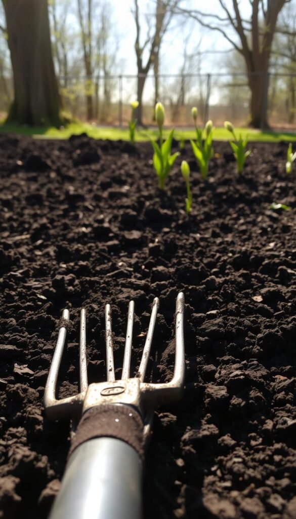A sun-dappled garden bed, freshly tilled and ready for planting. The soil is dark and crumbly, its rich texture inviting the touch of a gloved hand. In the foreground, a rake rests on the ground, its tines gently parting the soil to reveal the earthy bounty beneath. Soft, natural light filters through the trees, casting a warm glow over the scene. In the distance, the silhouettes of budding plants hint at the verdant growth to come. The atmosphere is one of quiet anticipation, a moment of peaceful preparation before the burst of springtime abundance.