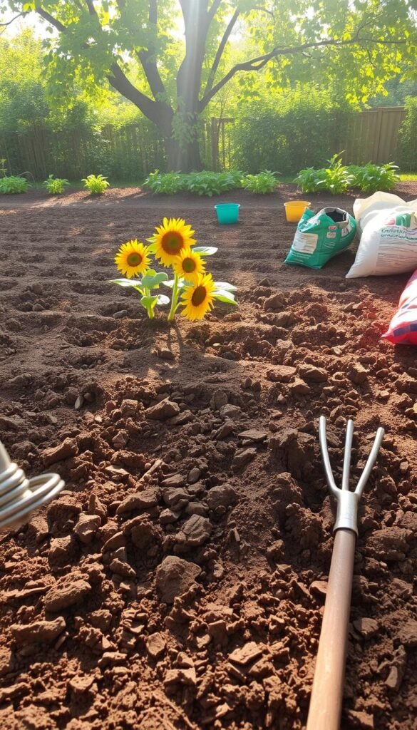 A sun-dappled garden bed, the soil freshly tilled and crumbled, ready to welcome thriving sunflowers. The earth is a rich, deep brown, with flecks of organic matter and a slight mound to ensure proper drainage. Gardening tools lie scattered - a sturdy spade, a metal rake, and a bag of nutrient-dense compost. Soft, diffused light filters through leafy trees, casting a warm, golden glow across the scene. The atmosphere is one of anticipation and new beginnings, a fertile canvas waiting to burst forth with vibrant, cheerful blooms.
