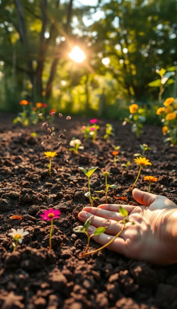 A sun-dappled garden bed, the soil freshly tilled and ready to receive new life. In the foreground, a gardener's hands carefully scatter a variety of flower seeds across the soft, loamy earth - cosmos, zinnias, and sunflowers, their vibrant colors a promise of the bounty to come. The middle ground showcases the delicate seedlings taking root, their tender leaves unfurling towards the warm, golden light filtering through the trees in the background. The scene radiates a sense of tranquility and the joy of nurturing new growth, capturing the essence of direct-sow techniques for the beginner gardener.