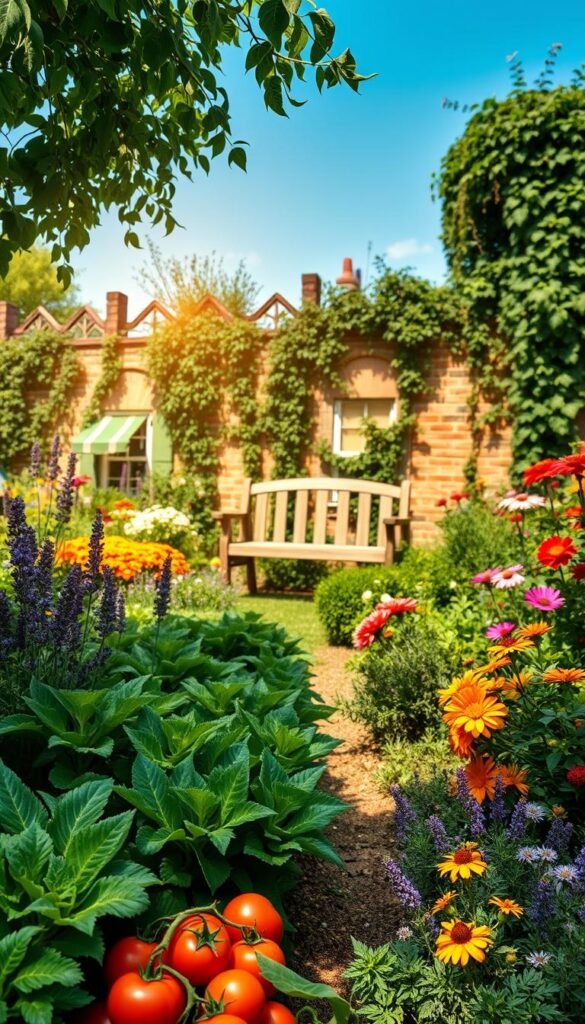 A sun-dappled garden, bursting with lush greenery and vibrant blooms. In the foreground, a neatly tended vegetable patch with rows of thriving leafy greens and ripe tomatoes. Surrounding it, a well-curated array of colorful flowers - fragrant lavender, cheerful marigolds, and delicate cosmos. In the middle ground, a charming wooden bench invites rest and relaxation, nestled amidst a tapestry of verdant foliage. The background frames the scene with a picturesque garden wall, draped in cascading vines and framed by a cloudless azure sky. Warm, soft lighting casts a gentle glow, infusing the entire composition with a sense of tranquility and abundance.