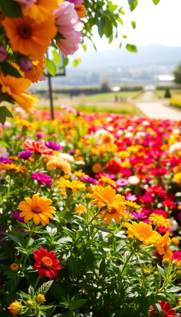 A sun-dappled garden filled with lush, vibrant blooms. In the foreground, a close-up view of a variety of flowering plants, their petals gently kissed by warm rays of sunlight. The middle ground showcases a well-tended flower bed, with a harmonious arrangement of colorful flowers arranged in an orderly layout. In the background, a soft, blurred landscape suggests an idyllic setting, perhaps a picturesque garden path or a glimpse of a tranquil water feature. The lighting is natural and diffused, creating a serene, inviting atmosphere that evokes the perfect conditions for a flourishing flower garden.