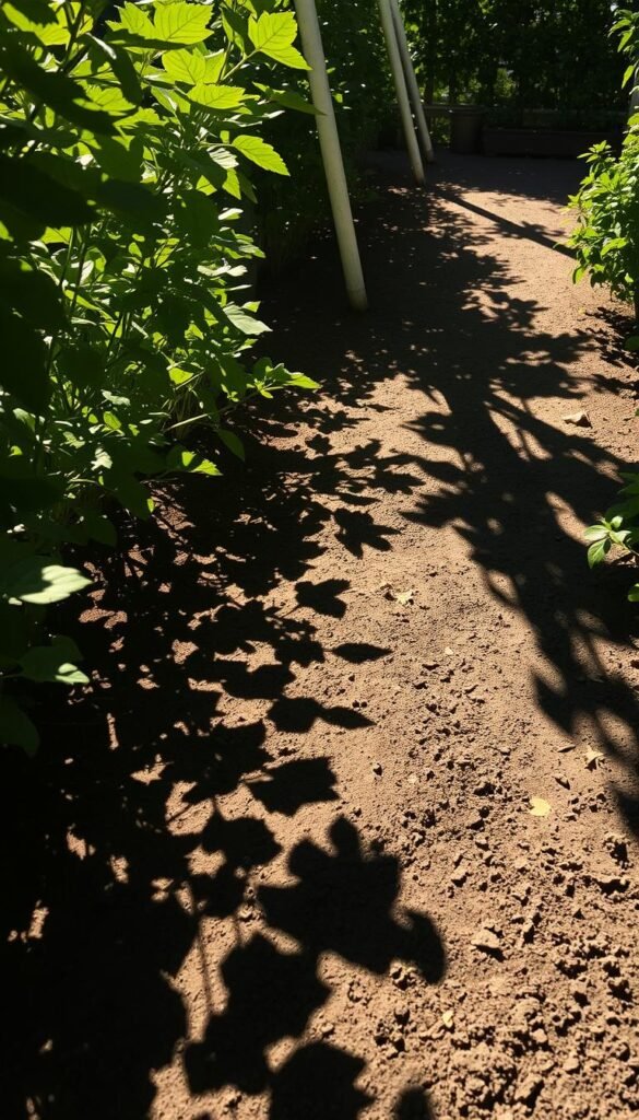 A sun-dappled garden floor, the play of light and shadow creating a mesmerizing pattern across the soil. Bright rays filter through lush foliage, casting intricate shadows that dance with the gentle breeze. The composition is balanced, with a harmonious interplay of light and dark, highlighting the ideal conditions for thriving plant life. The lighting is natural, soft yet directional, accentuating the texture and depth of the scene. The perspective is slightly elevated, allowing the viewer to appreciate the captivating sunlight patterns that would nourish a productive vegetable garden. An atmosphere of serenity and growth pervades the image, inspiring a deeper understanding of the crucial role of sunlight in cultivating a bountiful horticultural haven.