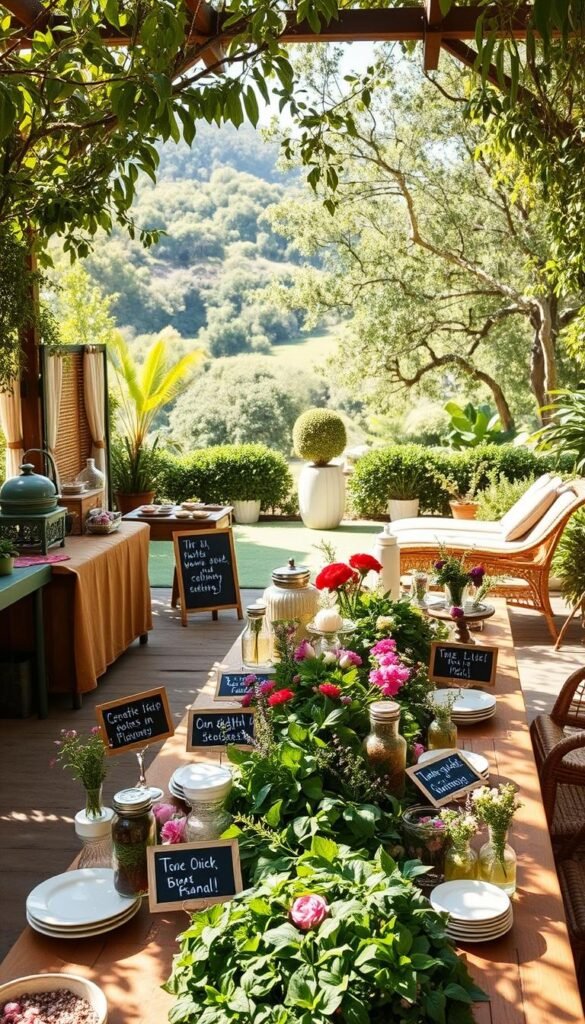 A sun-dappled garden oasis, filled with whimsical self-service stations. In the foreground, a long wooden table overflows with lush greenery, vibrant flowers, and an array of artisanal refreshments. Mismatched vintage serveware and chalkboard signs invite guests to create their own bouquets and mocktails. In the middle ground, rattan loungers and wicker chairs beckon for leisurely conversation. The background frames a verdant landscape, with swaying trees and a hint of a meandering path, creating a serene and inviting atmosphere. Soft, natural lighting filters through, casting a warm, golden glow over the scene. The overall mood is one of effortless elegance and a joyful, laid-back celebration of nature and community.