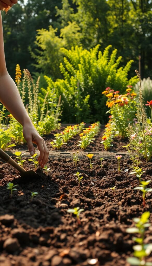 A sun-dappled garden scene, showcasing the practical steps of soil preparation and planting techniques for a pollinator-friendly haven. In the foreground, a gardener's hands delicately tilling the rich, dark earth, incorporating organic matter to nourish the soil. Surrounding the gardener, a variety of seedlings and young plants await their turn to be carefully placed into the prepared beds. In the middle ground, rows of native flowering plants stand tall, their vibrant blooms swaying gently in a soft breeze. The background features a lush, verdant backdrop of trees and shrubs, providing a natural sanctuary for the pollinators that will soon visit. Warm, diffused lighting casts a serene, golden glow over the entire scene, capturing the beauty and importance of this sustainable gardening practice.
