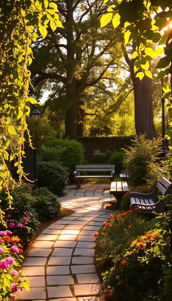 A sun-dappled garden scene, with warm, golden light filtering through lush, verdant foliage. In the foreground, a paved pathway winds through a medley of vibrant flowers and cascading vines, their delicate petals and tendrils dancing in the gentle breeze. The middle ground reveals a serene sitting area, where intricate patterns of light and shadow play across the weathered stone benches and surrounding plant life. In the background, towering trees cast a soft, diffused glow, creating an inviting, tranquil atmosphere that invites the viewer to pause, observe, and immerse themselves in the natural beauty of the garden space.