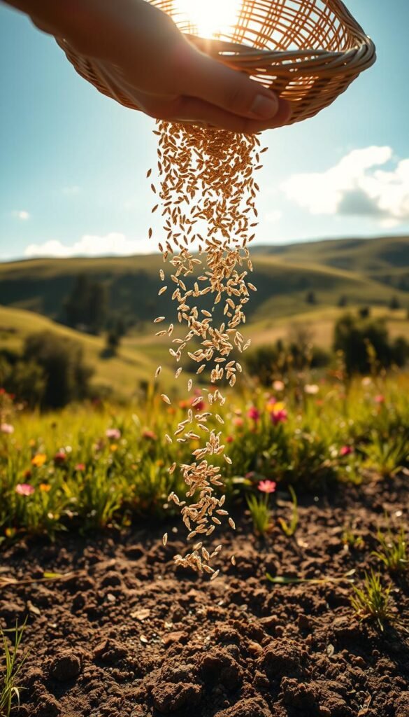 A sun-dappled meadow, wildflower seeds cascading in a gentle arc through the air, scattering across the rich, loamy soil. The foreground features a person's hand, fingers slightly parted, slowly releasing the seeds from a woven basket. Mid-frame, the seeds drift and swirl, suspended in a hazy, golden light. In the background, a lush, verdant landscape stretches out, rolling hills dotted with vibrant blooms in a symphony of colors. The scene is bathed in a warm, soft focus, creating a serene, contemplative atmosphere, inviting the viewer to experience the tranquil ritual of seed broadcasting for a thriving wildflower garden.