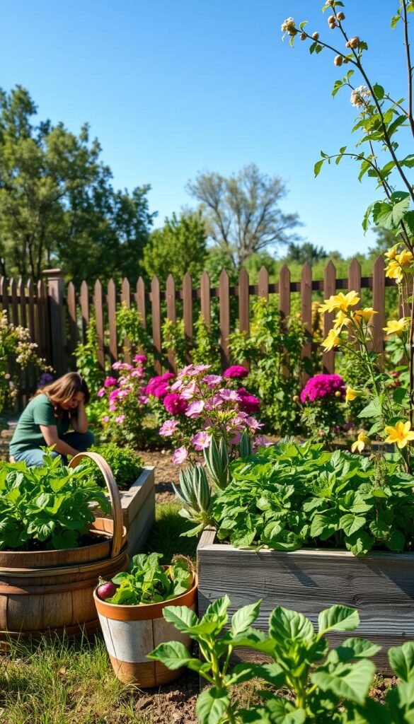 A sun-dappled mid-spring garden, verdant and bursting with new life. In the foreground, a gardener kneels, tending to a raised planter filled with lush herbs and leafy greens. Beside them, a weathered basket overflows with freshly harvested produce. In the middle ground, vibrant blooms in shades of pink, purple, and yellow sway gently in a light breeze. Beyond, a picturesque wooden fence frames the scene, leading the eye to a backdrop of flourishing trees and a clear, azure sky. The atmosphere is one of tranquility and productivity, a harmonious dance between human and nature.